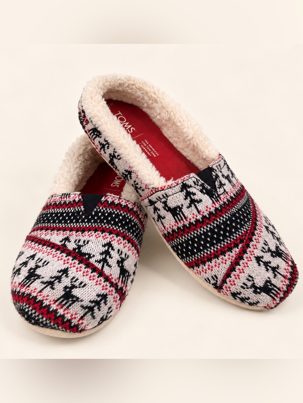 TOMS Women’s Red Black White Fair Isle Sherpa-Lined Slip-On Shoes / Slipper Shoe